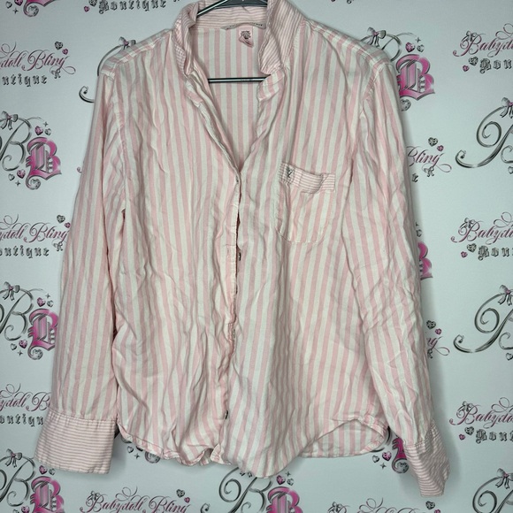 Victoria secret button down top striped pink white classic embroidery pocket - Picture 1 of 7